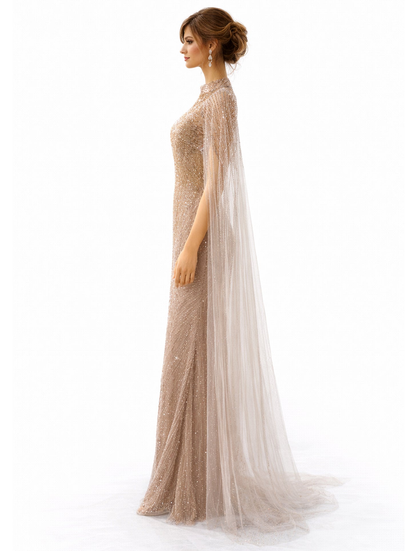 Woman wearing a long, elegant dress with a sheer overlay on a white background