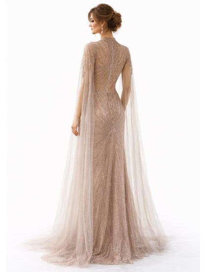 Woman wearing a long, elegant dress with a sheer overlay on a white background